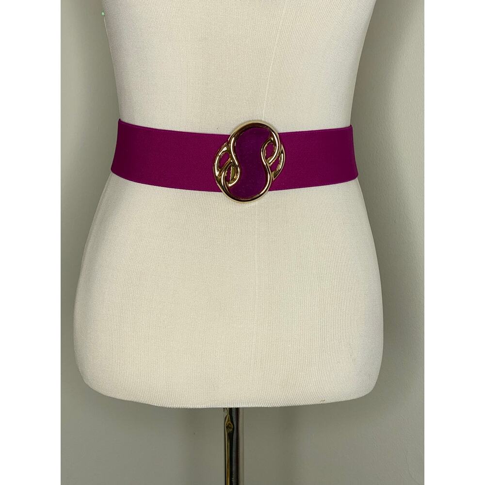 Vintage Wide Elastic Waist Belt Magenta Pat Pend Gold Swirl Buckle Made USA M/L